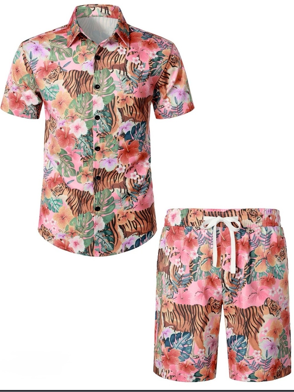 Jogal Set Shirt Shorts Tiger Floral Tropical Pink Colorful Beach Festival Sz S